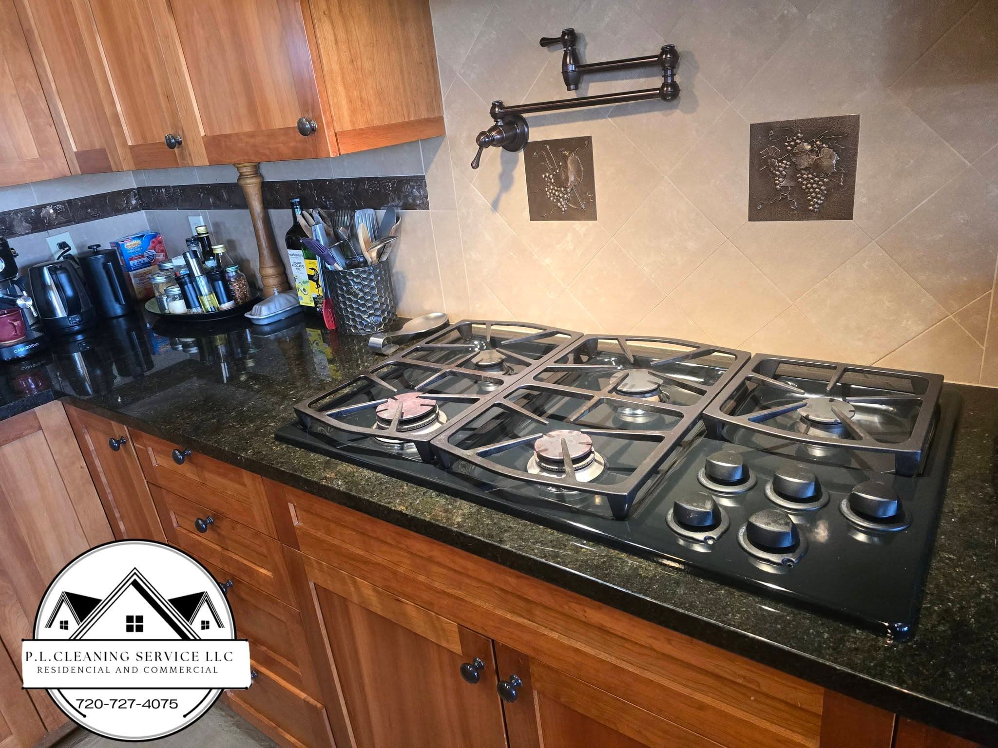 Gas cooktop in wood cabinetry