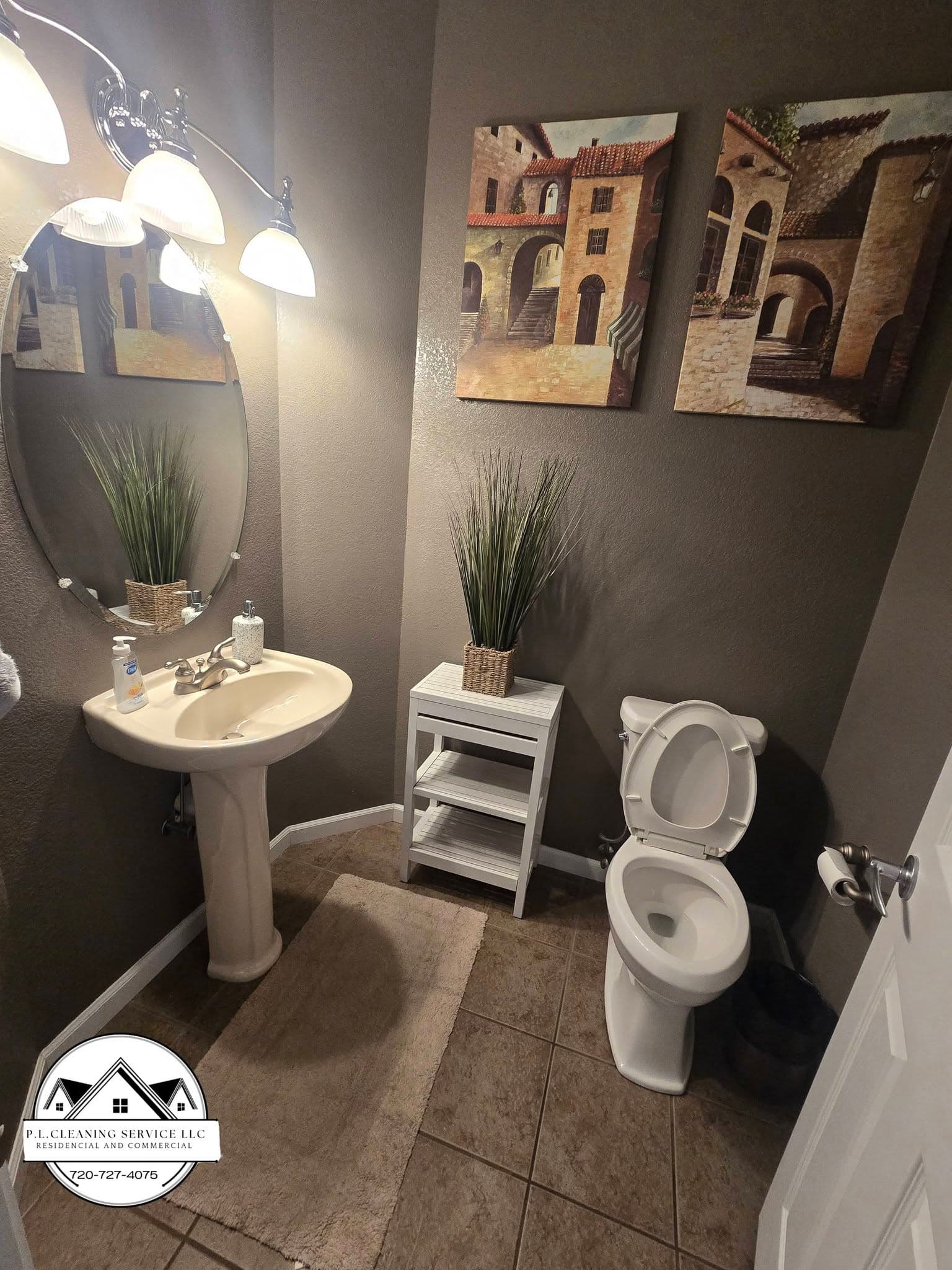 Renovated bathroom with gray tile walls